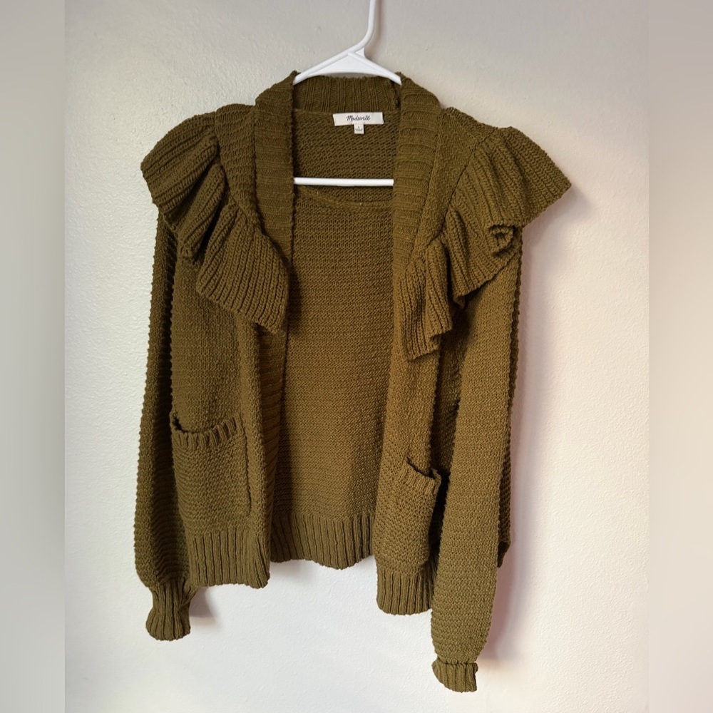Madewell Ruffle Cardigan Sweater in Golden Spinach Women’s Small Cottagecore - Picture 2 of 6